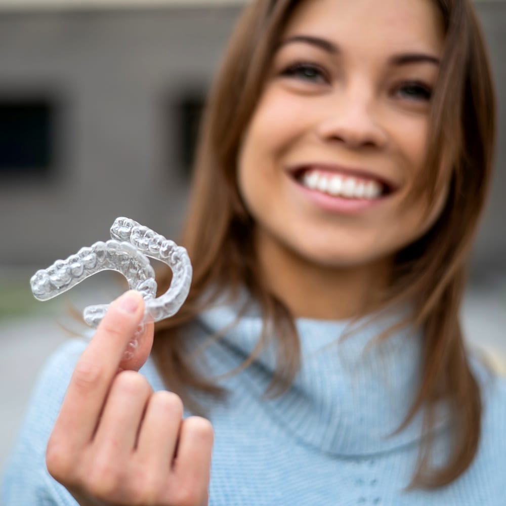 A woman in a blue sweater is holding up two Invisalign trays.